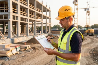 Chef de chantier consultant un planning de formation devant un bâtiment en construction