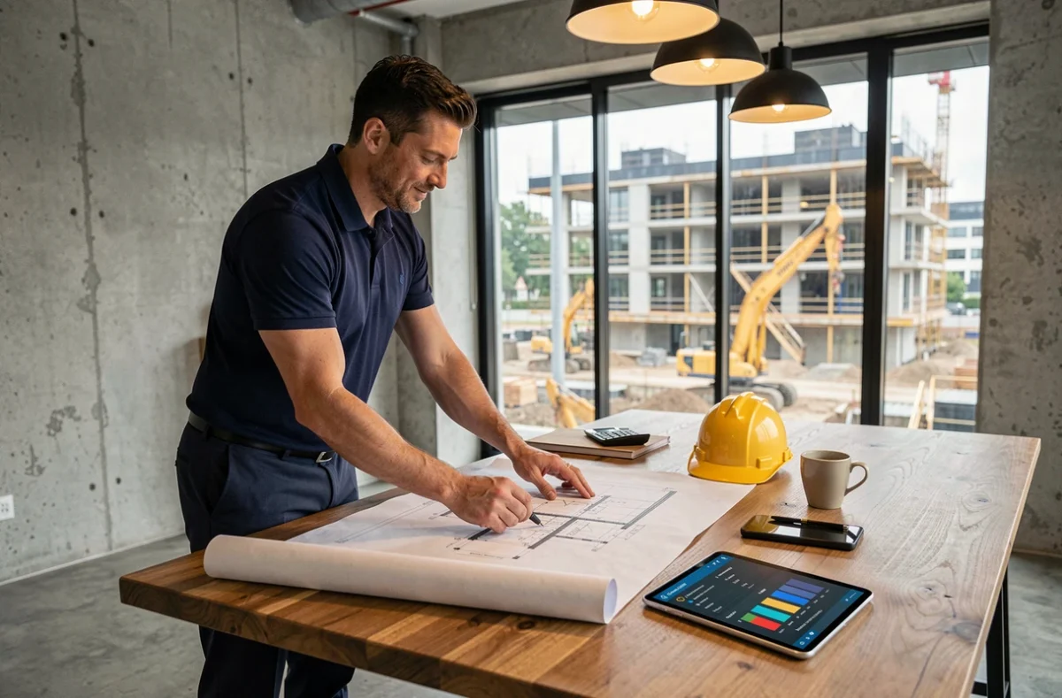 Chef de projet BTP en entreprise consultant des plans architecturaux sur un bureau moderne avec tablette affichant des tableaux de bord de gestion de la croissance