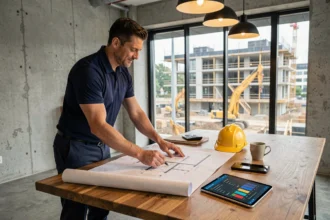Chef de projet BTP en entreprise consultant des plans architecturaux sur un bureau moderne avec tablette affichant des tableaux de bord de gestion de la croissance
