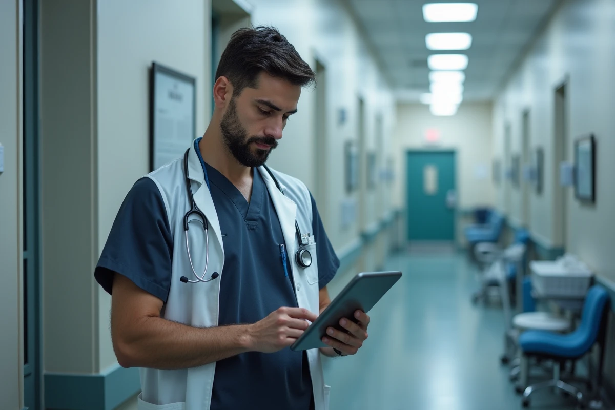 Chirurgien en blouse blanche consultant un dossier médical sur tablette dans un couloir d'hôpital moderne