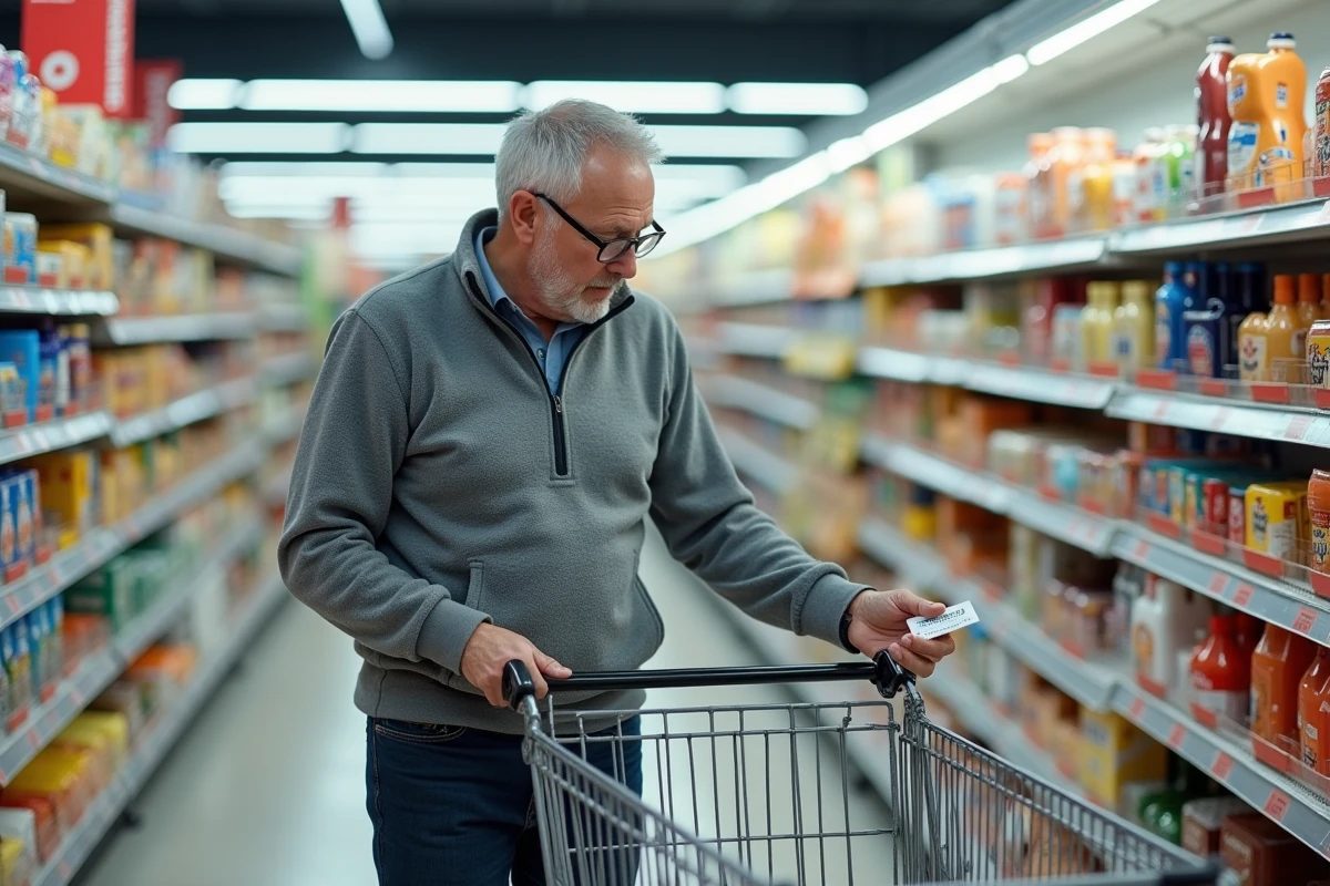 Client masculin comparant des prix sur les étiquettes de rayons dans un supermarché discount