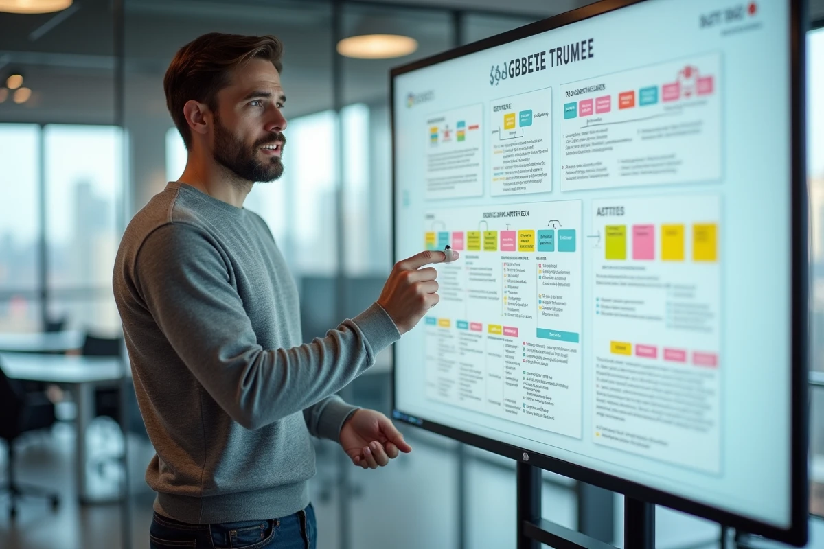 Coach digital expliquant une stratégie de présence en ligne devant un tableau blanc dans un espace de coworking