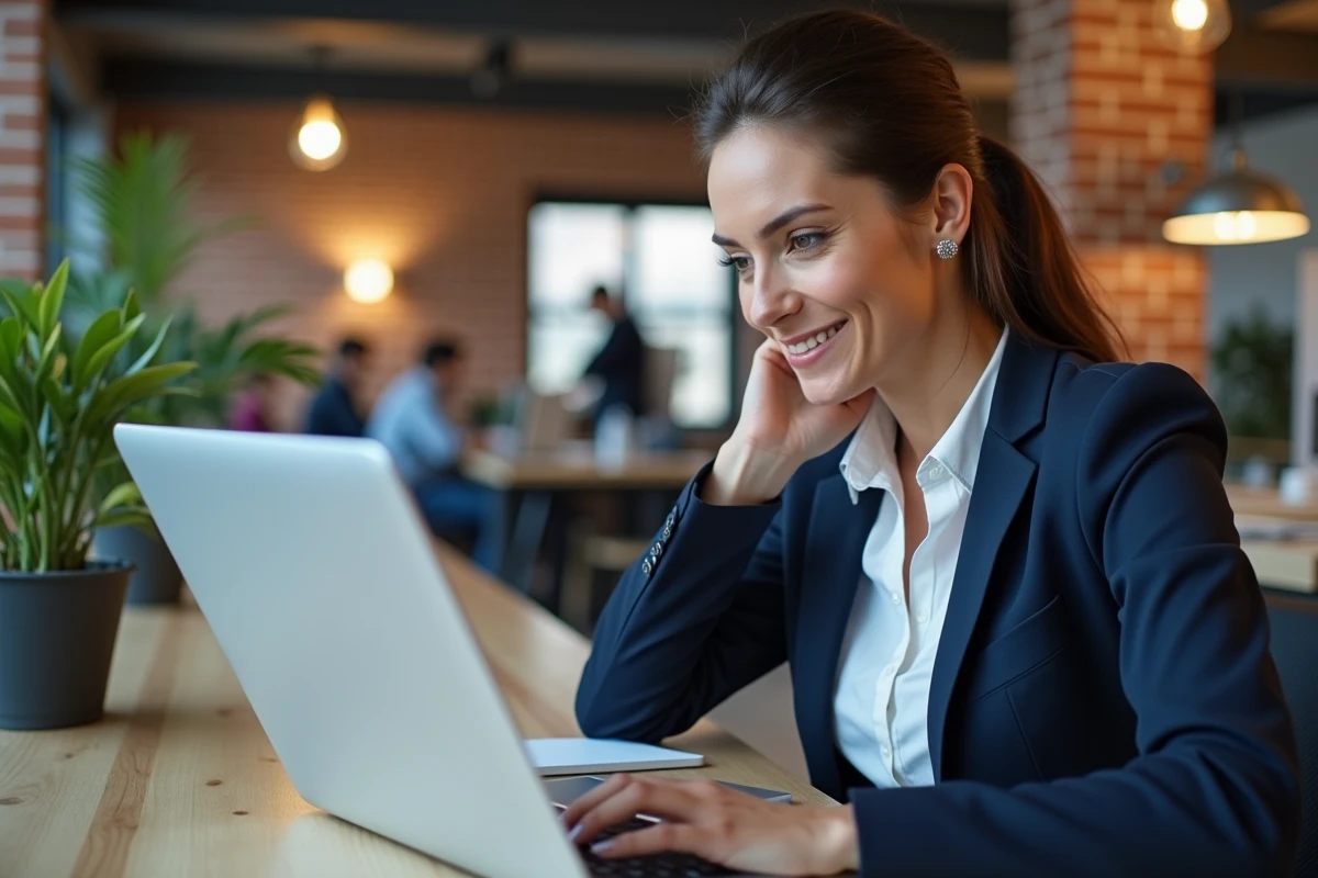 Femme professionnelle consultant une stratégie de présence digitale sur un ordinateur portable dans un bureau moderne