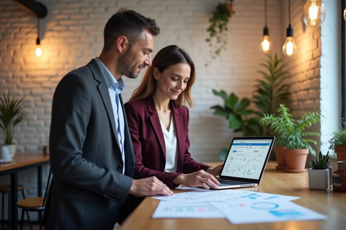 Deux professionnels analysant des diagrammes de marketing automation et de mise en relation réseau en co-working