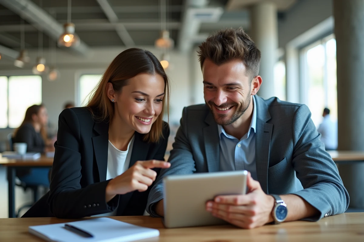 Deux professionnels collaborant sur la rédaction d'un post LinkedIn avec texte en gras dans un espace de coworking