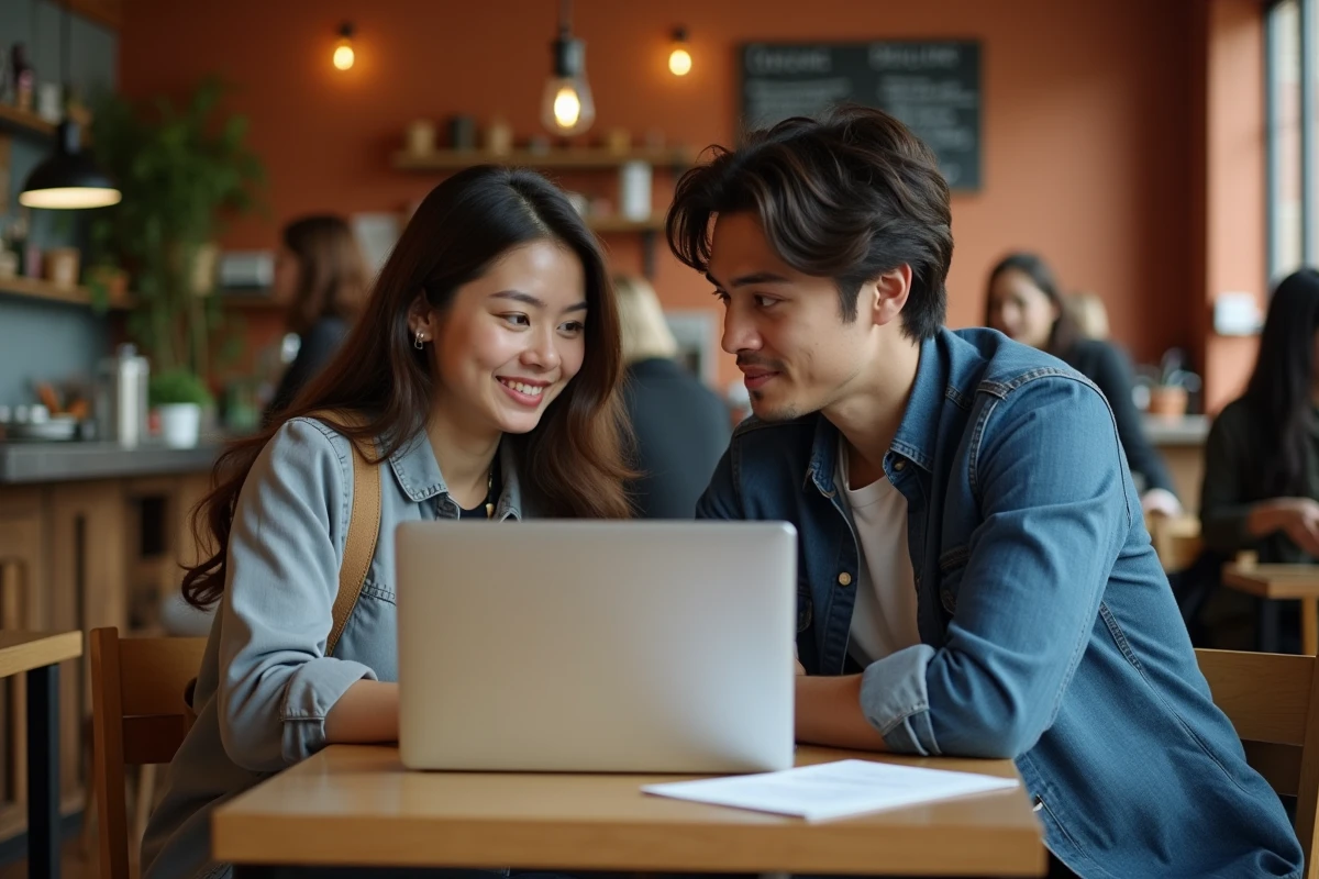 Deux collègues collaborant sur un agenda numérique partagé dans un café urbain