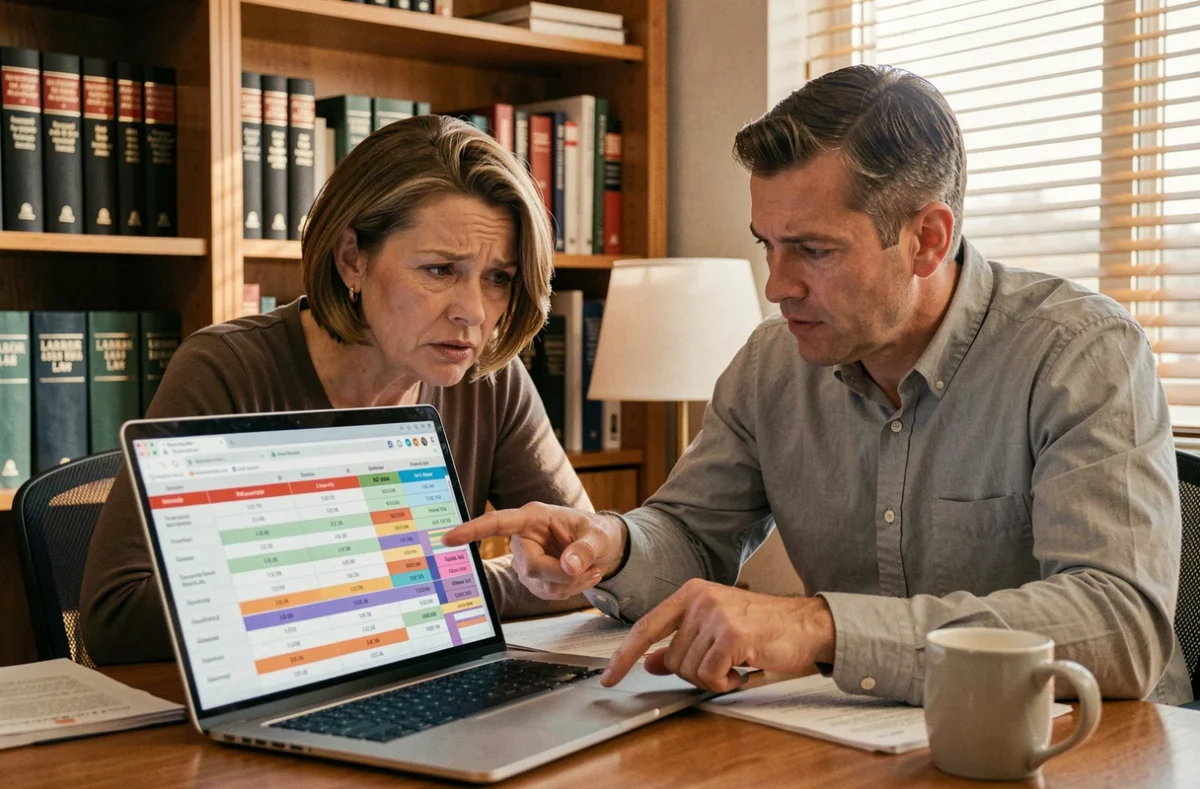 Deux collègues analysant ensemble une grille de salaire IEG 2026 sur ordinateur portable dans un bureau privé