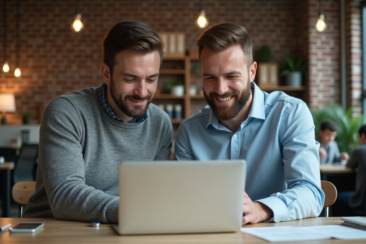 Deux collaborateurs travaillant ensemble sur un projet digital dans un espace de co-working pour renforcer la cohésion d'équipe en entreprise