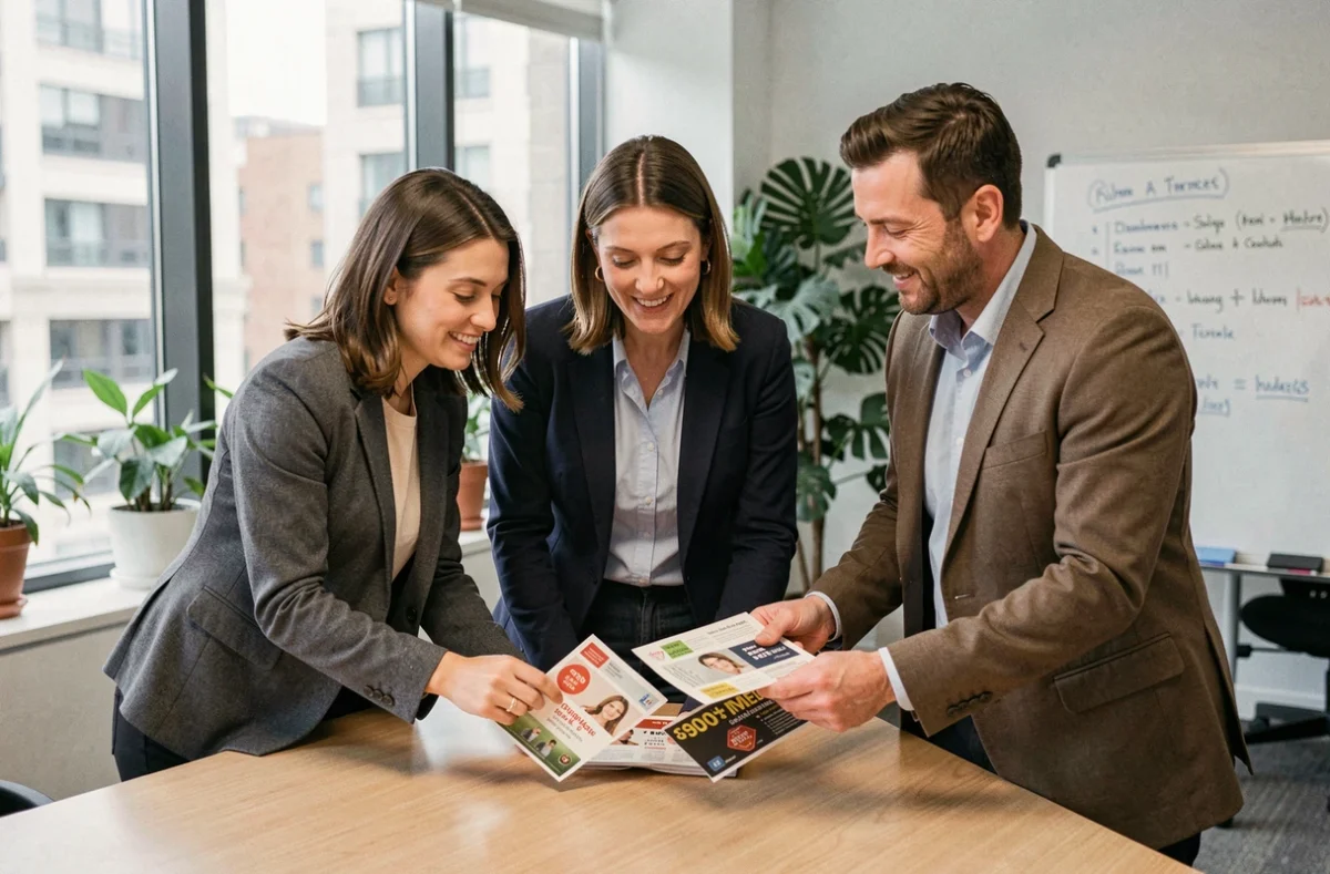 Employés d'une entreprise consultant des brochures d'avantages du comité d'entreprise dans un bureau moderne