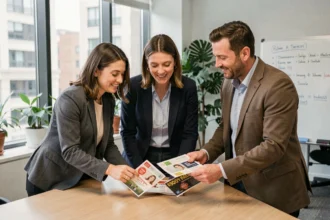 Employés d'une entreprise consultant des brochures d'avantages du comité d'entreprise dans un bureau moderne