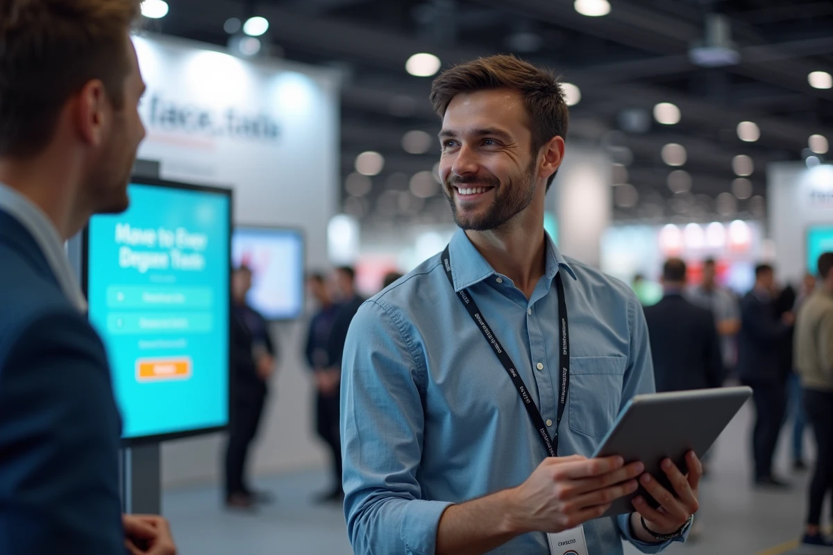 Commercial présentant un formulaire de contact digital sur tablette lors d'un salon professionnel