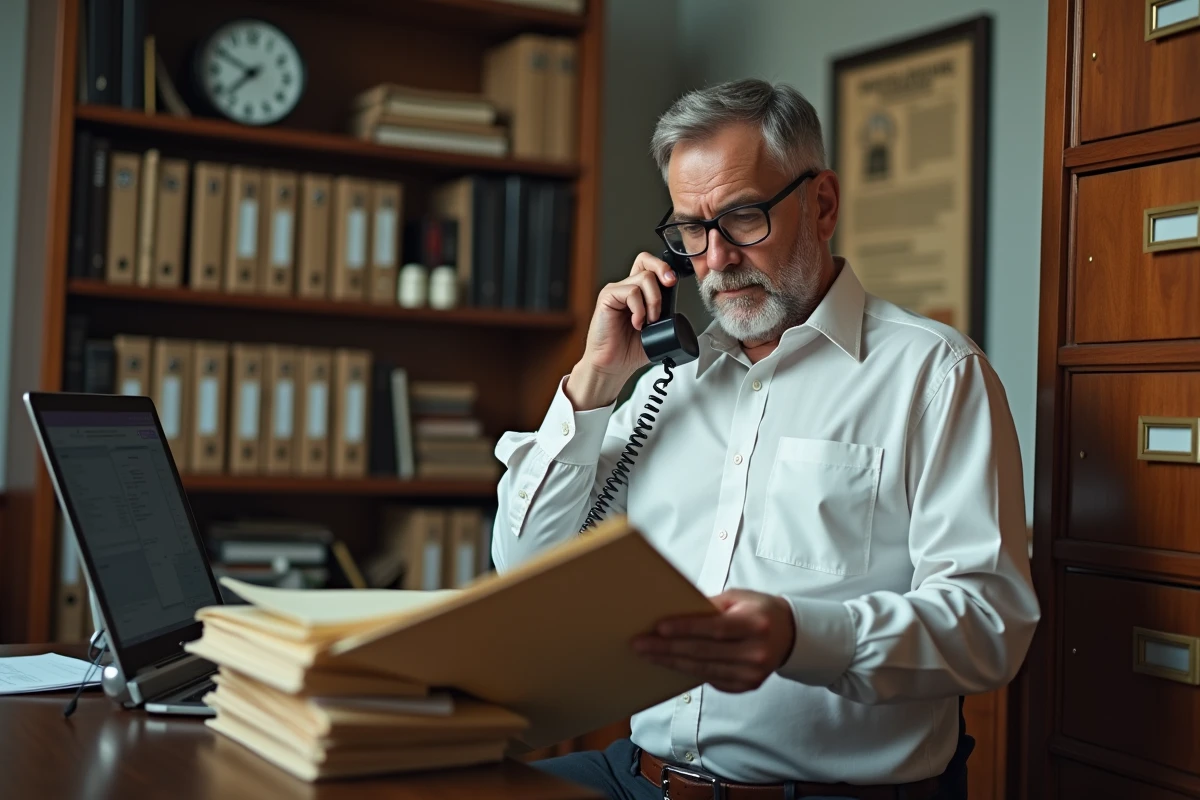 Comptable senior consultant un dossier Urssaf au téléphone dans un bureau administratif classique avec classeurs et armoire