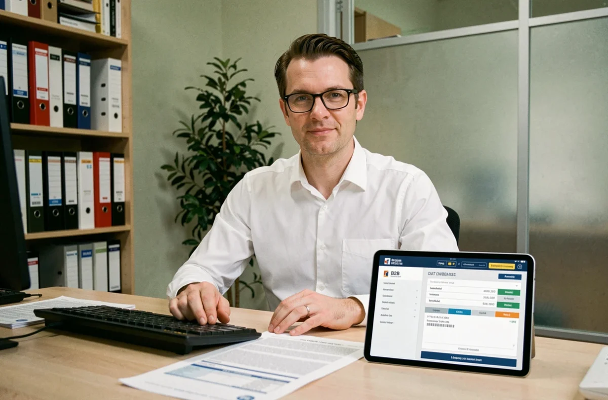 Comptable masculin analysant des formulaires fiscaux B2B et une interface de paiement DGFiP sur tablette