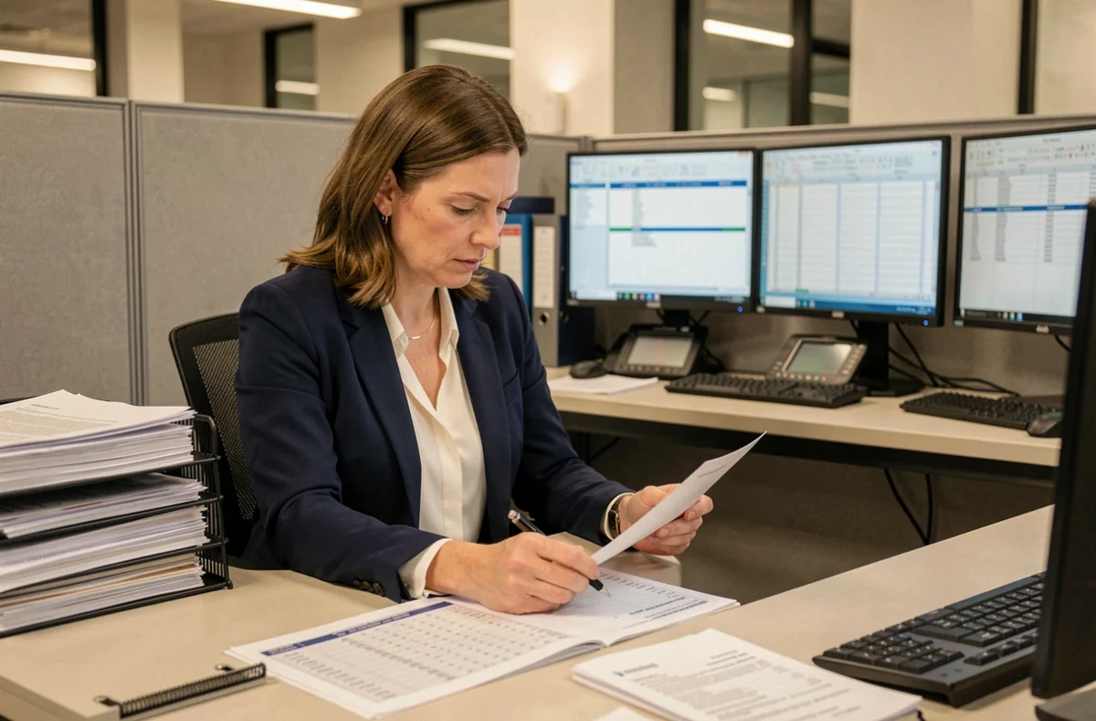 Comptable femme révisant une grille de salaire IEG 2026 sur des documents imprimés dans un bureau moderne