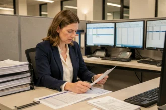 Comptable femme révisant une grille de salaire IEG 2026 sur des documents imprimés dans un bureau moderne