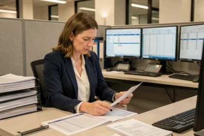 Comptable femme révisant une grille de salaire IEG 2026 sur des documents imprimés dans un bureau moderne