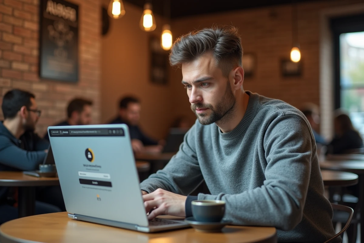 Homme se connectant à distance à un webmail Zimbra douane depuis un café avec un ordinateur portable