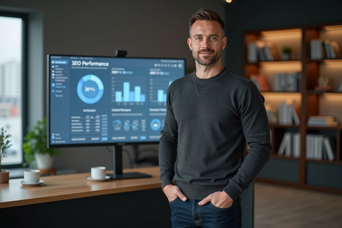 Consultant en marketing digital externalisé présentant des résultats de campagne dans une agence à Lyon