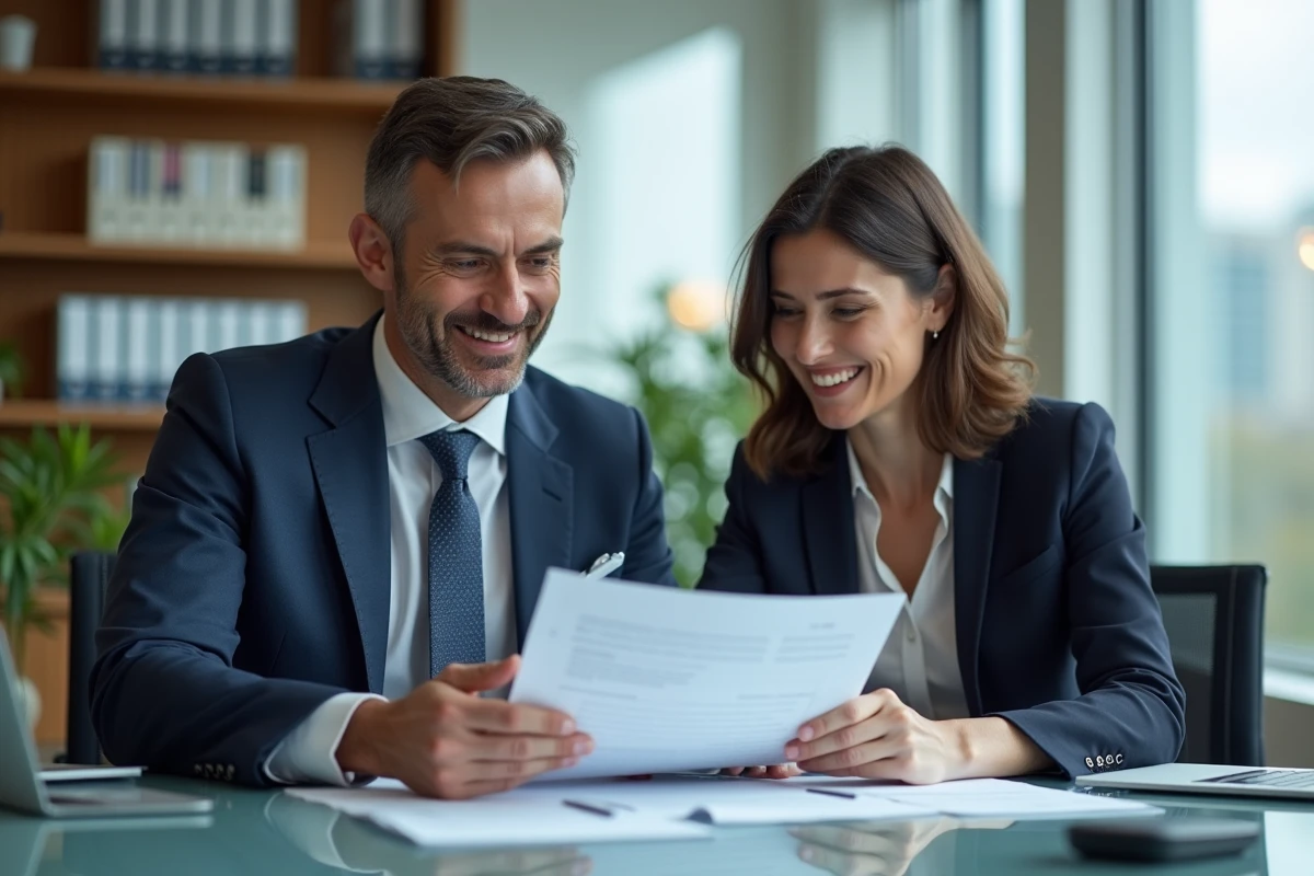 Consultant en costume navy avec cliente dans un bureau moderne
