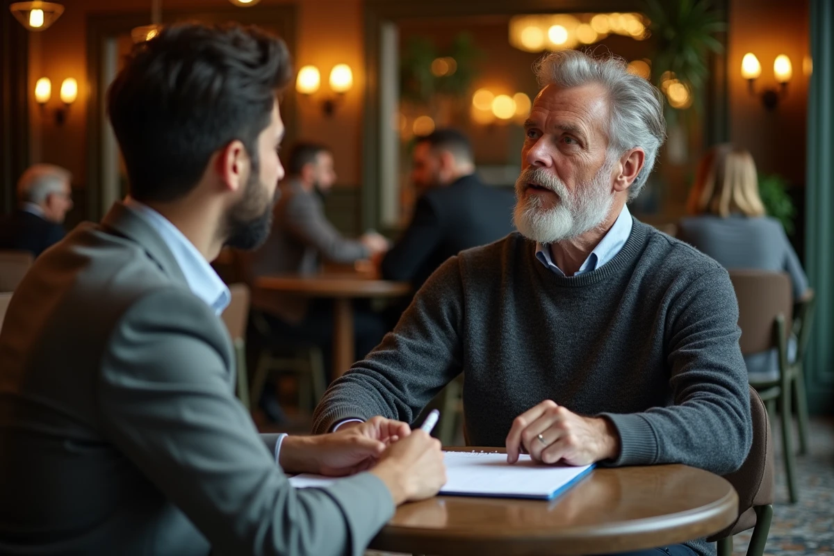 Consultant senior expérimenté en session de coaching individuel avec un jeune professionnel dans un café parisien élégant