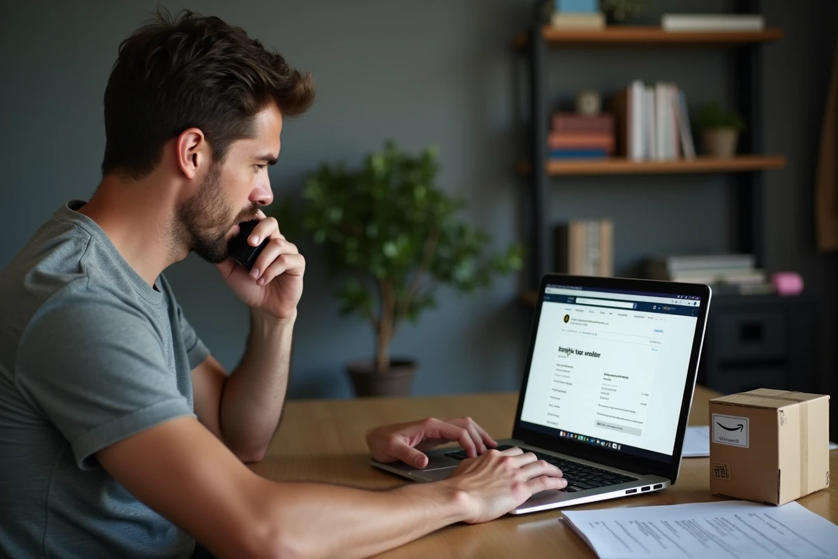 Homme contactant le service client UPS France depuis son bureau pour un retour de commande marketplace