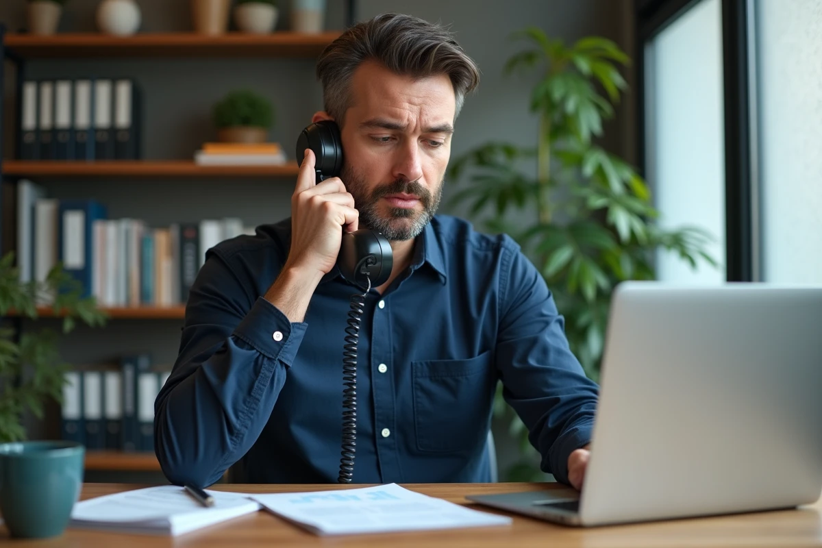 Homme en chemise bleue téléphonant à l'Urssaf depuis son bureau professionnel entouré de documents administratifs