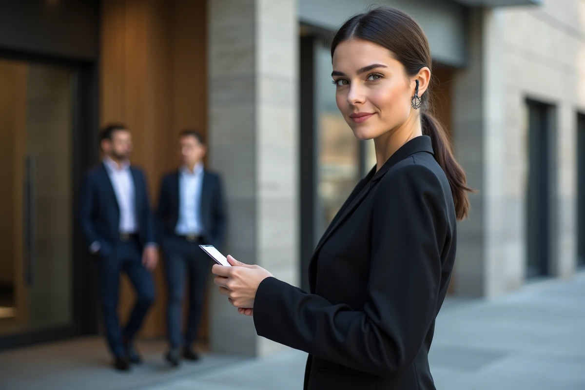 Agent de securite controlant un badge a l entree d un batiment