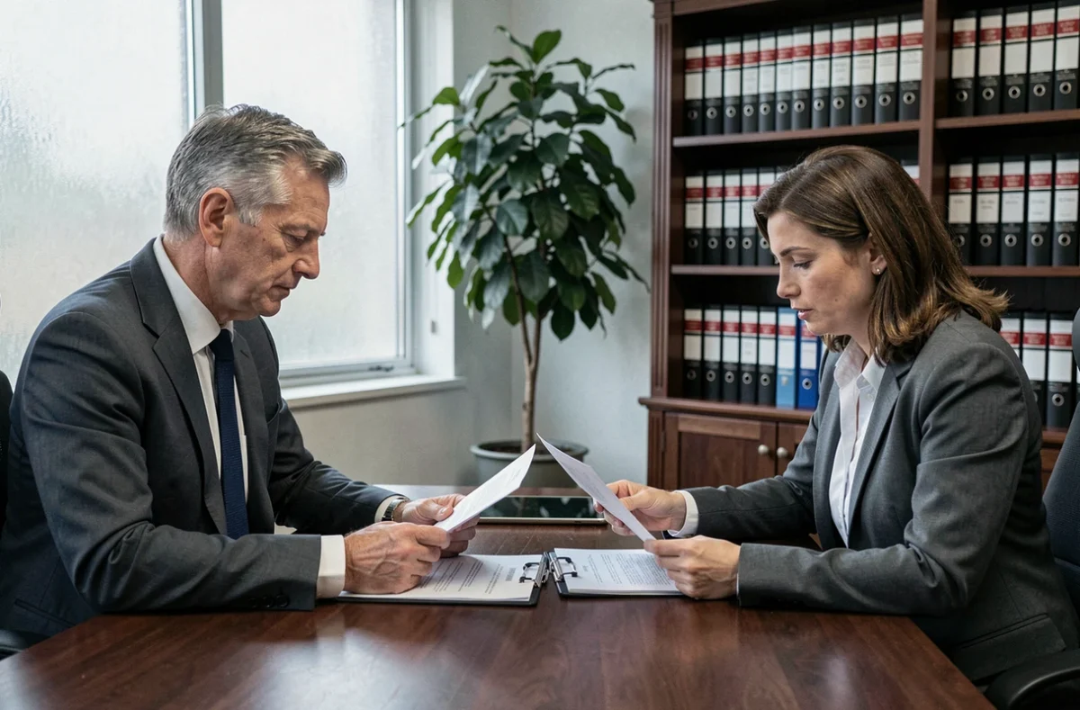 Couple en réunion chez un notaire pour finaliser les termes d'un divorce, illustrant les démarches légales et les effets patrimoniaux d'une séparation