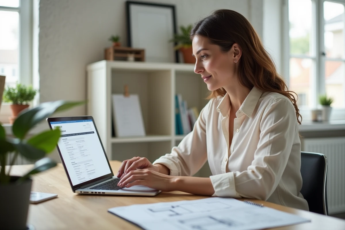 Femme propriétaire faisant une demande de devis gratuit en ligne pour des travaux de rénovation