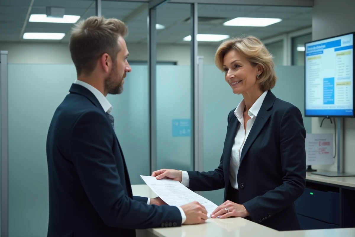 Femme agent de l'Éducation Nationale déposant une demande administrative en guichet pour récupérer ses bulletins de salaire ENSAP