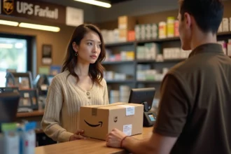Femme déposant un colis de retour Amazon à un point relais UPS en France