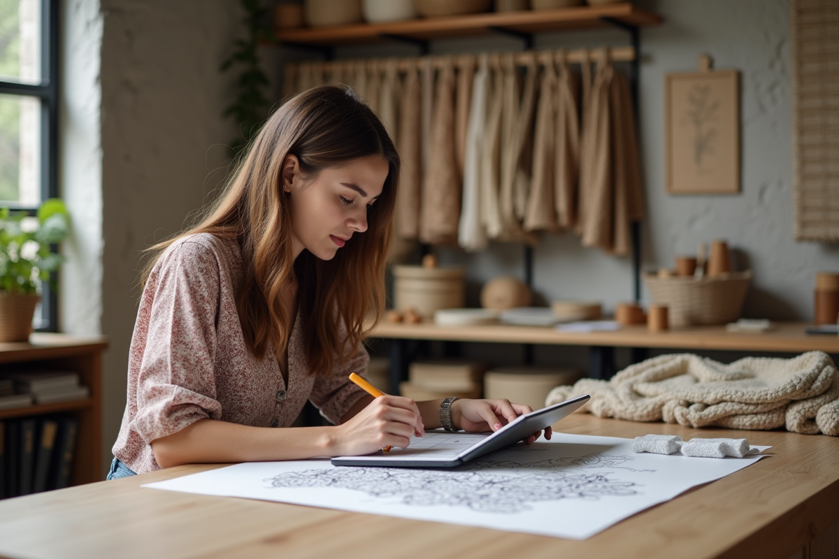 Jeune designer textile esquissant motifs sur tablette