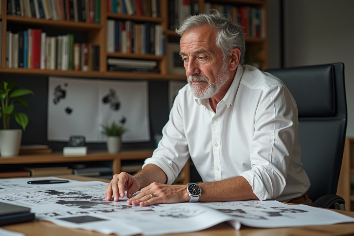 Designer graphique examinant une affiche publicitaire dans son studio