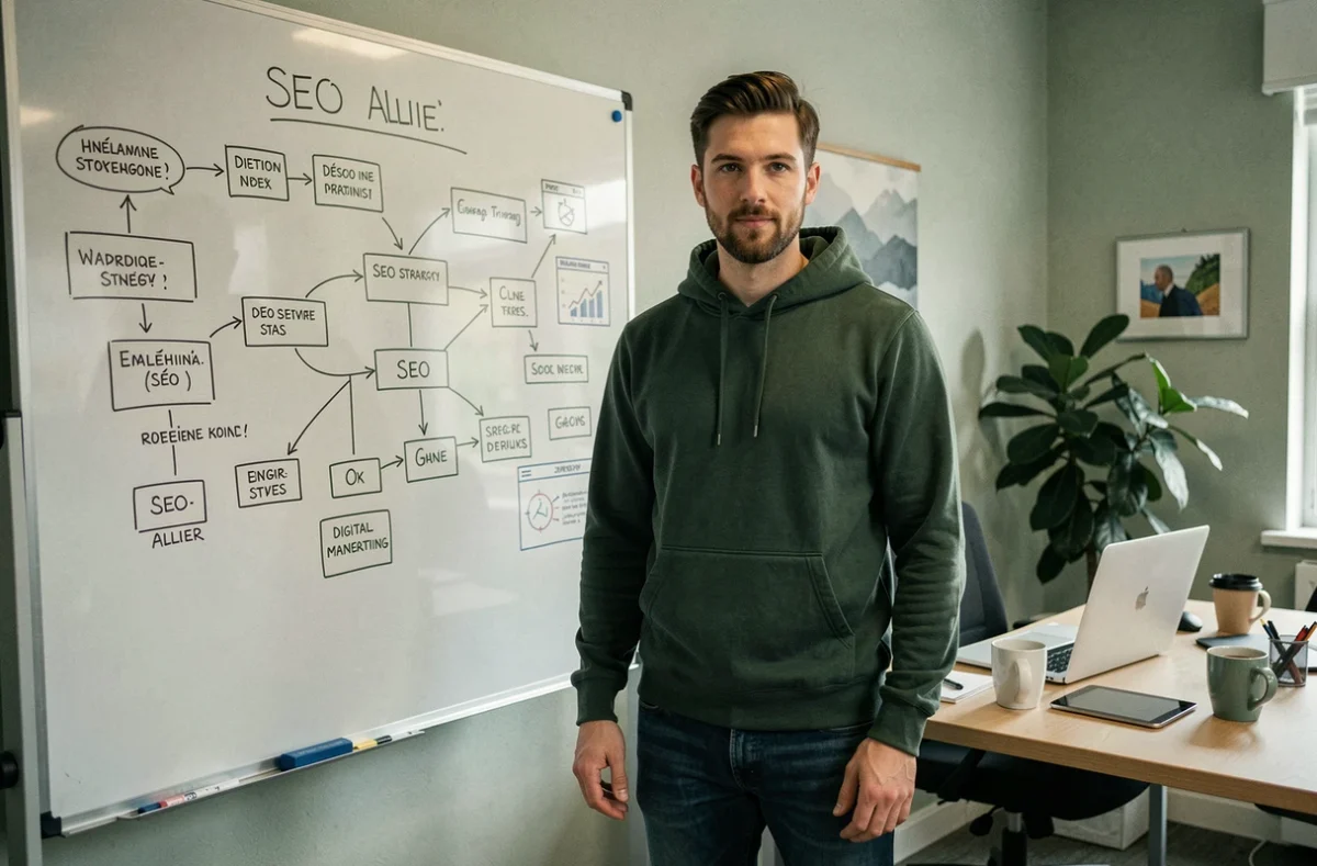 Stratège numérique de Digital Seeder présentant une stratégie SEO et de marketing digital sur un tableau blanc dans l'Allier