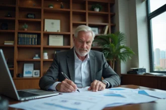 Chef d'entreprise analysant des documents financiers et des registres de sociétés dans un bureau professionnel