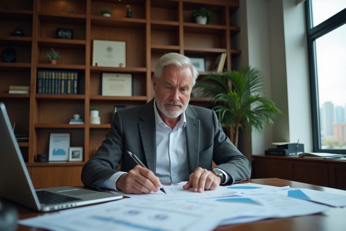 Chef d'entreprise analysant des documents financiers et des registres de sociétés dans un bureau professionnel
