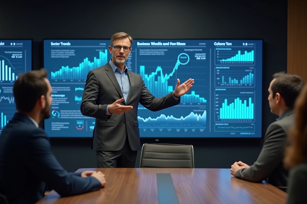 Dirigeant médias présentant des tendances économiques et analyses sectorielles sur écran interactif en salle de réunion