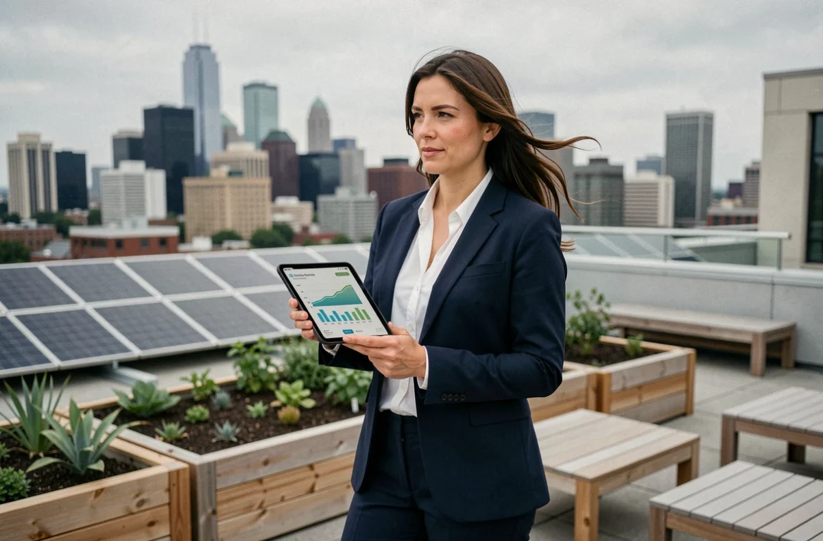 Femme cadre sur un toit d'entreprise avec panneau solaire et jardin urbain consultant des données RSE sur tablette
