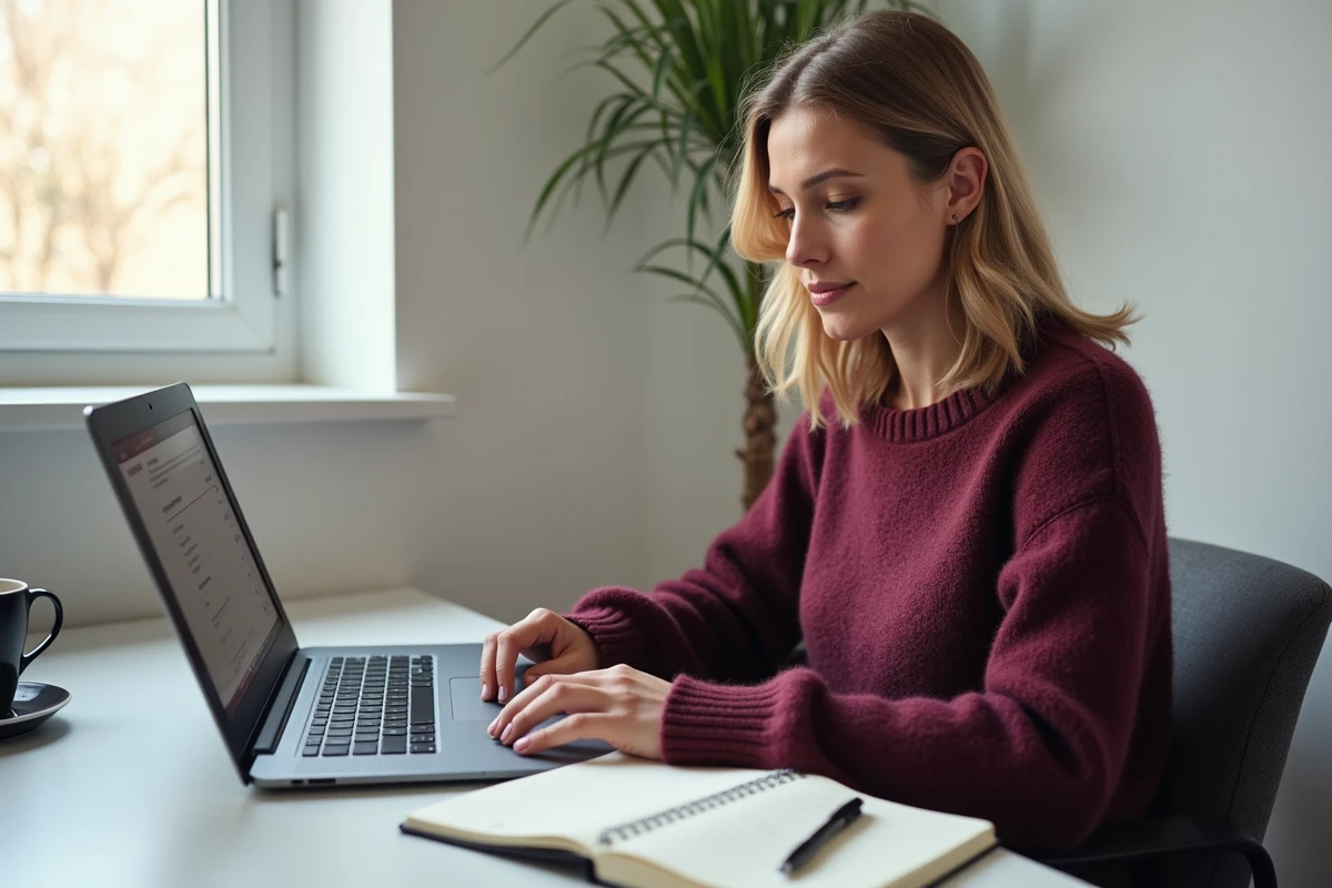 Femme dirigeante d'une TPE consultant un outil de gestion des tâches sur ordinateur portable avec un carnet de notes manuscrites