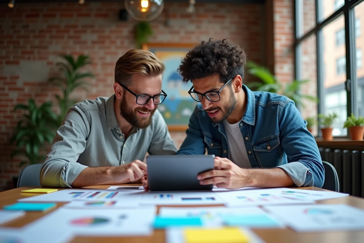 Deux hommes discutant autour de documents SEO dans un coworking urbain