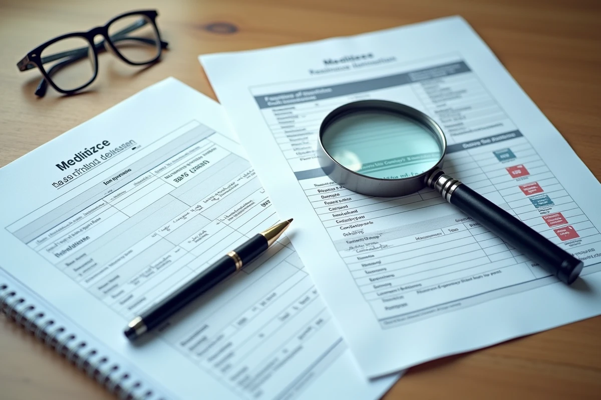 Vue aérienne de documents d'enregistrement d'entreprise français, profil societe.com et indicateurs de risques sur un bureau en bois