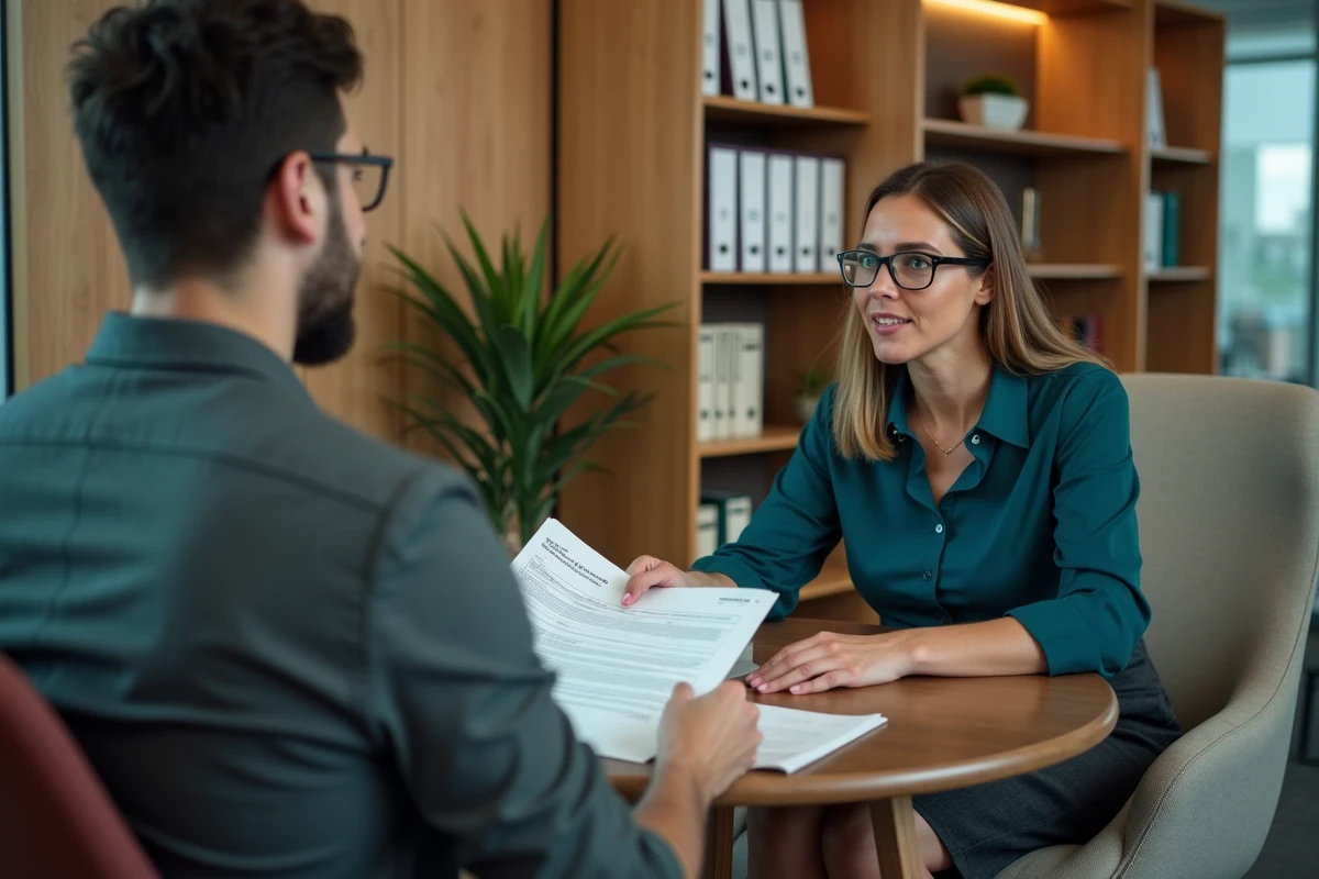 Deux professionnels échangeant sur un rapport d'audit qualité imprimé dans un espace de travail collaboratif