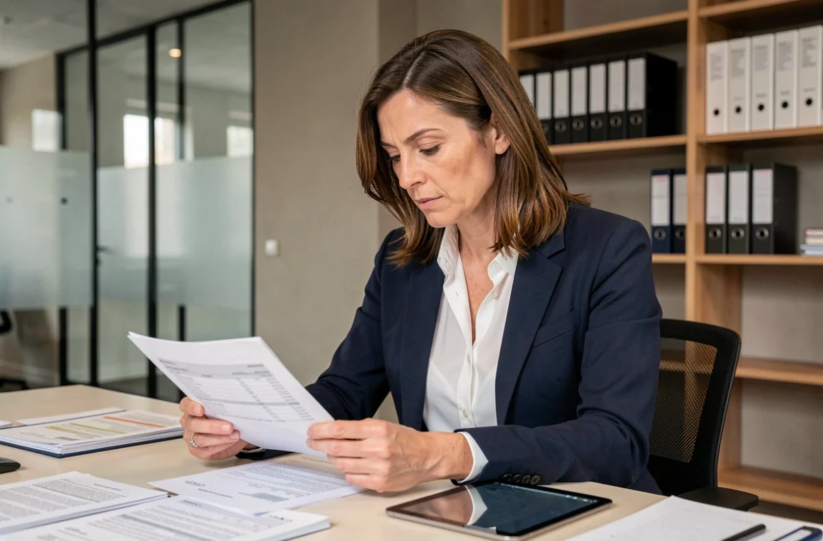 Employée de bureau consultant des documents de paie liés aux indemnités de congés payés dans une entreprise