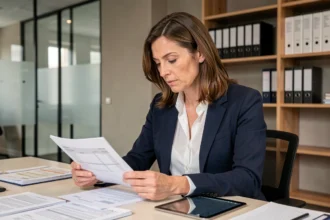 Employée de bureau consultant des documents de paie liés aux indemnités de congés payés dans une entreprise