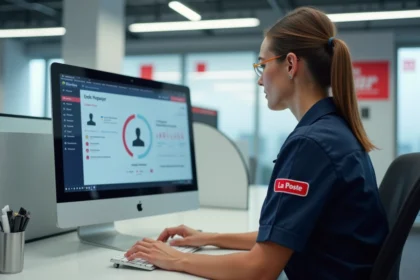 Employée de La Poste en uniforme consultant le portail RH Ma Box RH sur un ordinateur de bureau dans un open space moderne