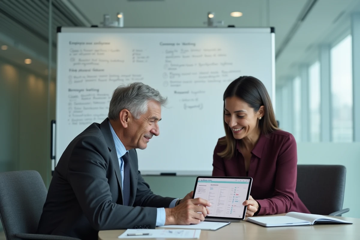 Employeur et gestionnaire de paie en réunion pour paramétrer ensemble les modules DeskRH et silae paie sur tablette