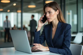 Femme professionnelle enregistrant discrètement une conversation téléphonique au bureau avec un smartphone posé près d'un ordinateur portable
