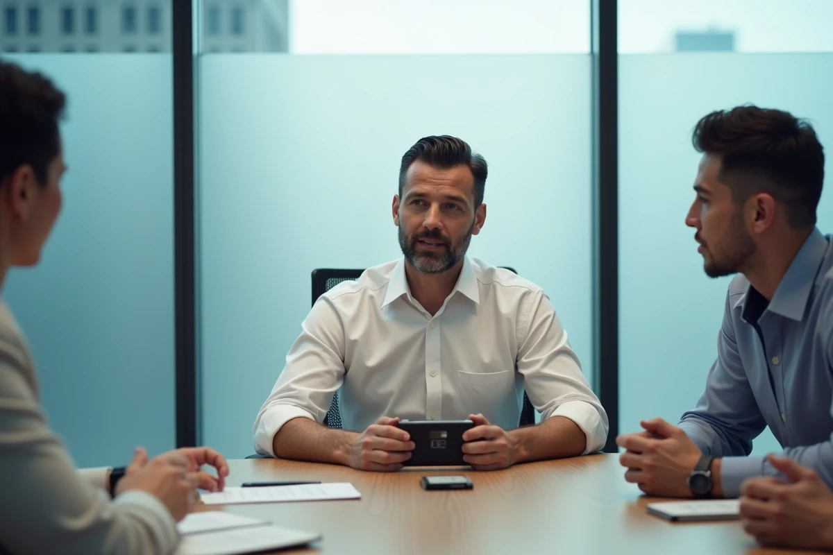 Homme posant un enregistreur vocal sur une table de réunion professionnelle avec l'accord tacite de son interlocuteur