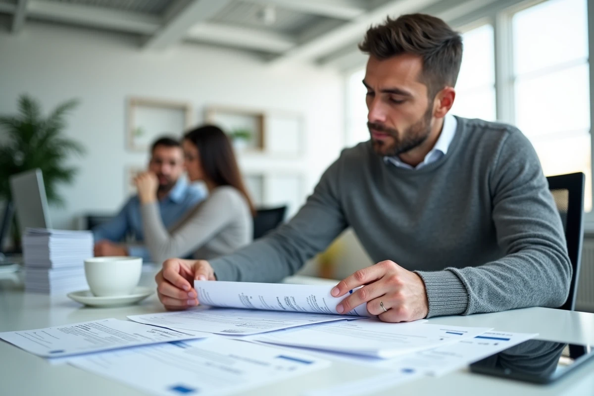 Enseignant consultant ses fiches de paie imprimées et son téléphone pour récupérer ses bulletins de salaire via ENSAP
