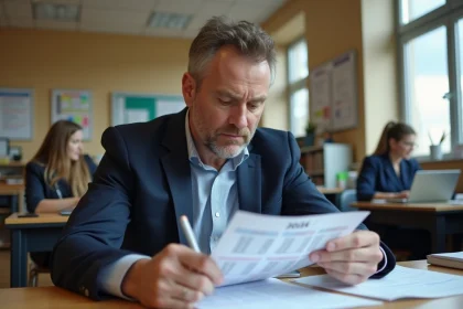 Professeur en blazer bleu examine calendrier paye 2026